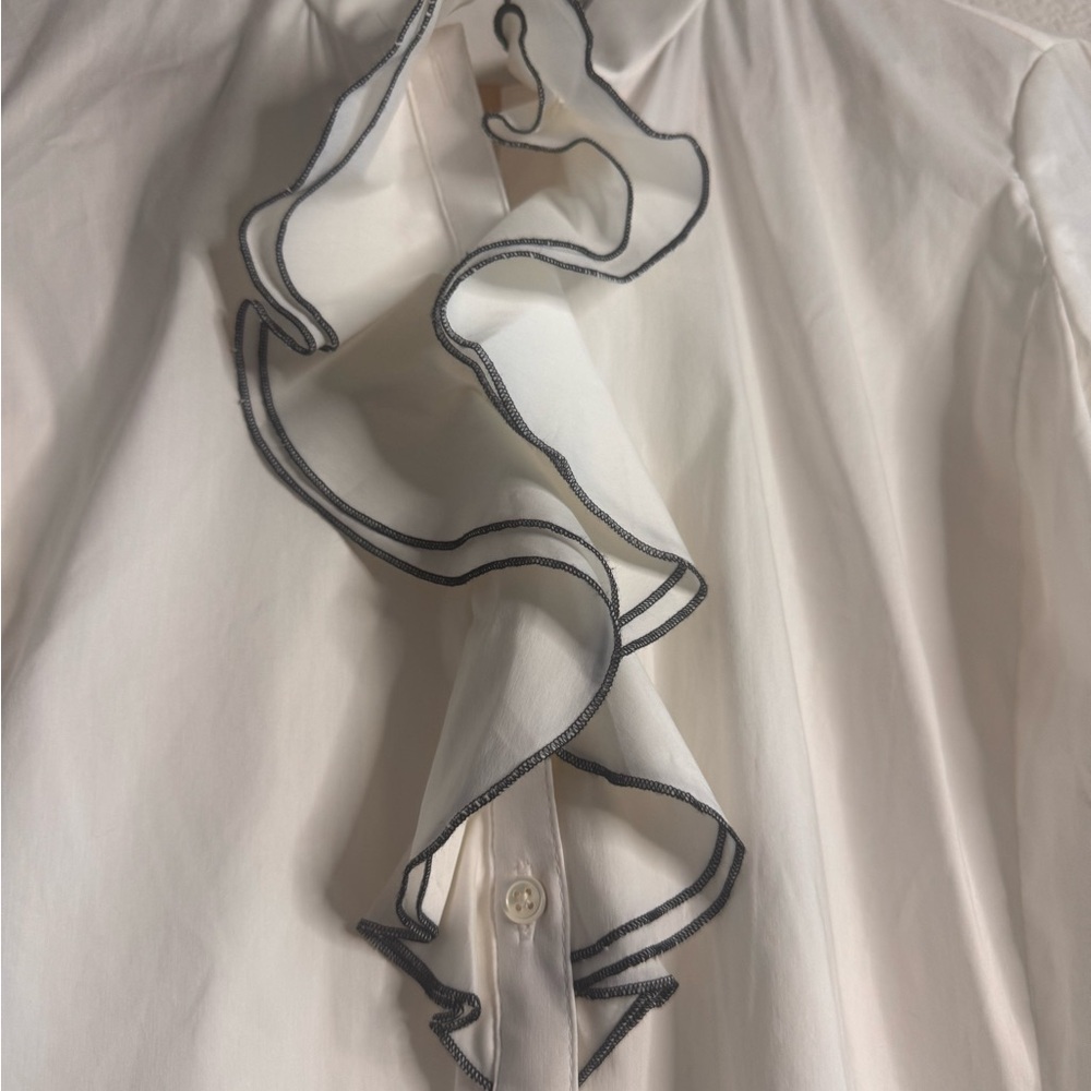 Ann Taylor White Ruffle Blouse with Black Trim Size 2 - Picture 5 of 7